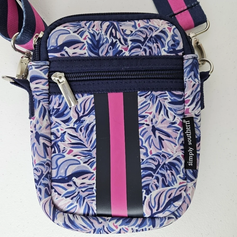Simply Southern Neobag Blue Leaf Print Mini Crossbody Bag with Striped Strap